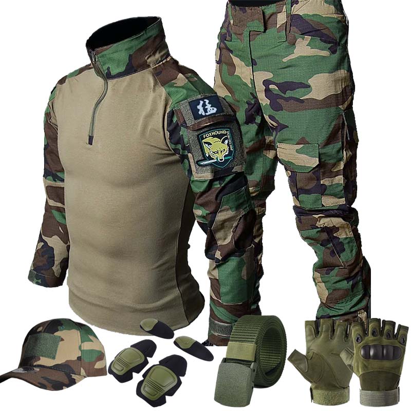 Hunting Outdoor Shirts - タクティカルカーゴユニフォーム ジャングルグリーンセット 長袖シャツ カーゴパンツ 膝丈 アウトドア