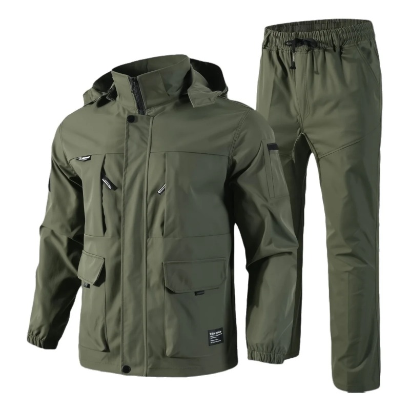 Hunting Outdoors - メンズ防水タクティカルセット 春秋用 取り外し可能な帽子付き アウトドア ハイキング 作業服