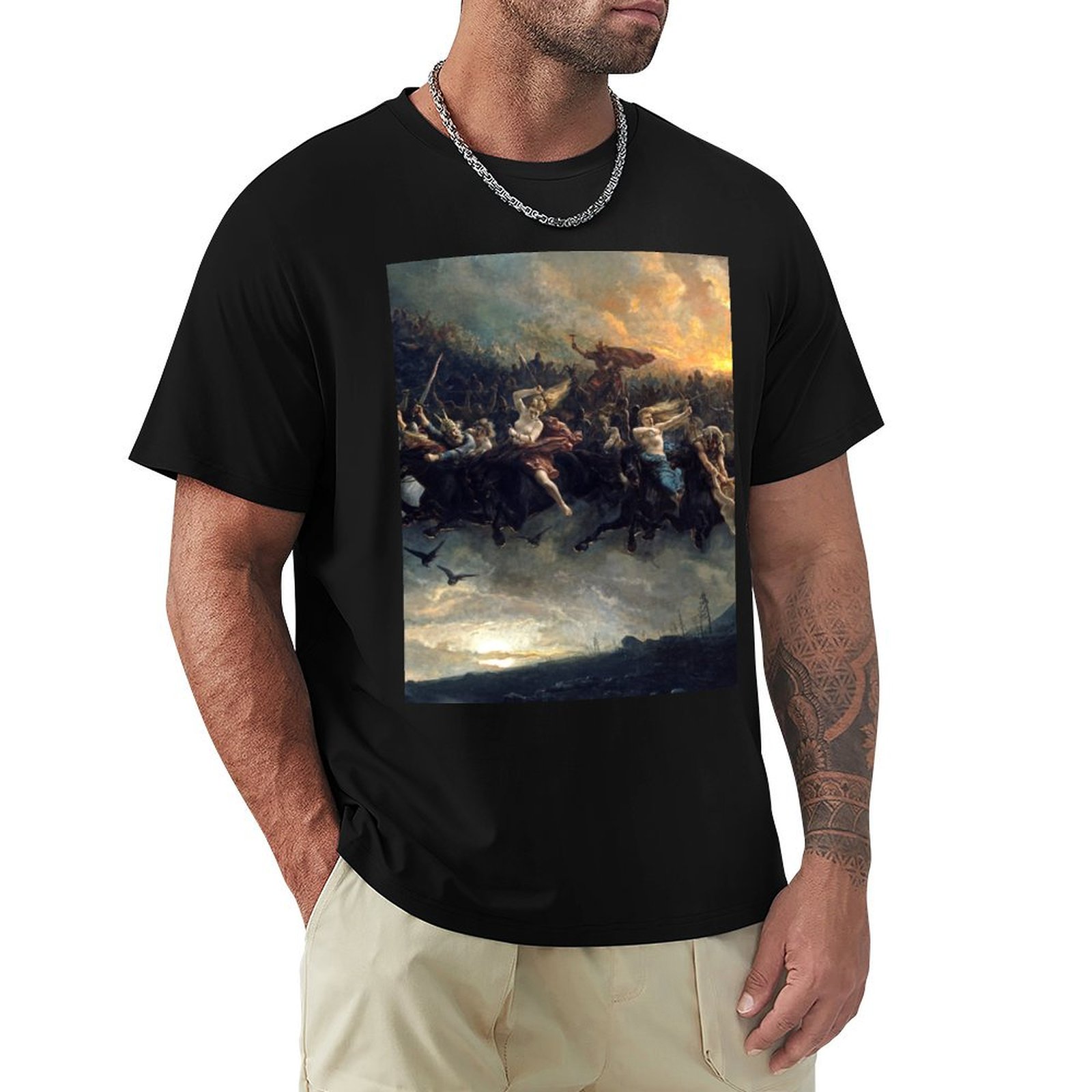 Wildman Hunting & Outdoor Polokwane Photos - オーディンの野生の狩り (1872年)、ペーター・ニコライ・アルボによる神話画 Tシャツ ソフトで耐久性のあるコットンTシャツ