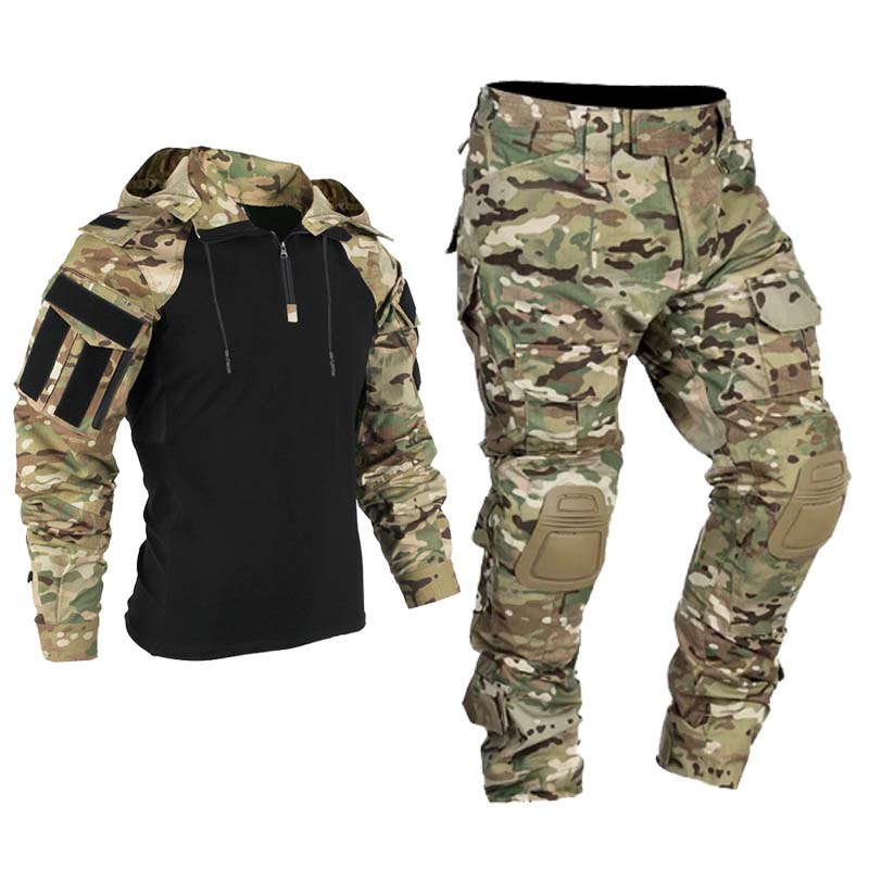 男性屋外セット戦術的な防風スーツ作業服服戦闘迷彩フードシャツ - Hunting Outdoor Shirts のレビューと価格