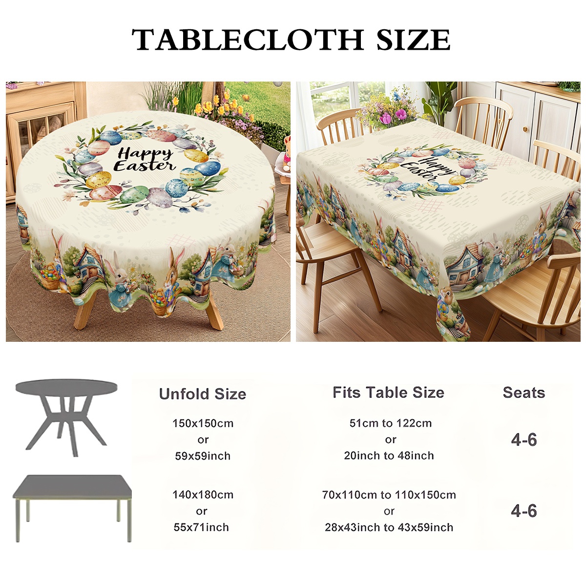 イースターバニーテーブルクロス（混合スタイル）6人掛け用、卵 - Outdoor Hunting Table のレビューと価格